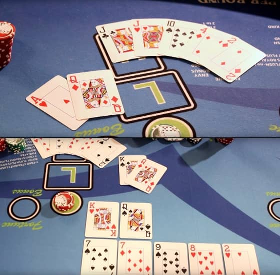 On the top picture the dealer spreads the cards far enough apart that the cameras can see them. On the second picture, it shows an example of a copy hand. On the top picture the dealer spreads the cards far enough apart that the cameras can see them. On the second picture, it shows an example of a copy hand.