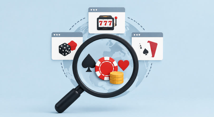 a magnifying glass inspecting casino chips and other online casinos