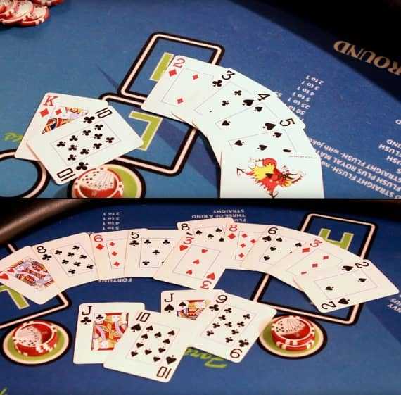 In the top picture - The Dealer will make sure the cards are spread far enough apart the cameras can see them -- In the bottom picture - The Players cards are sloppy and are spread into the other players cards