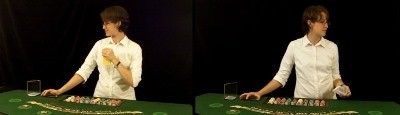 Two pictures of the dealer holding the deck too high or too low Two pictures of the dealer holding the deck too high or too low