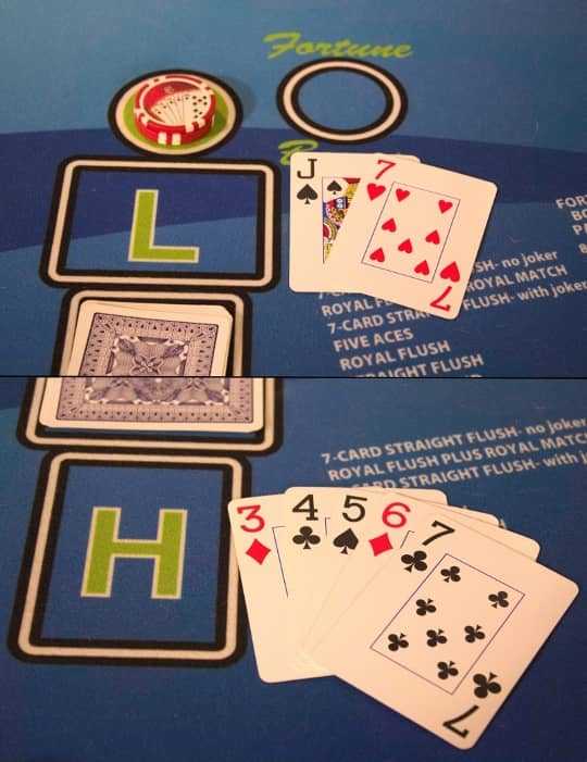 2 pictures compiled into 1. The 2 card low hand goes in the box with L and the 5 card high hand goes in the box with H