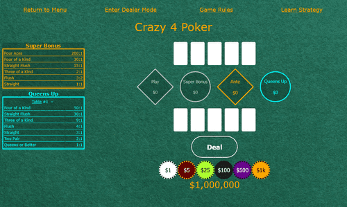 Free online practice for Crazy 4 Poker