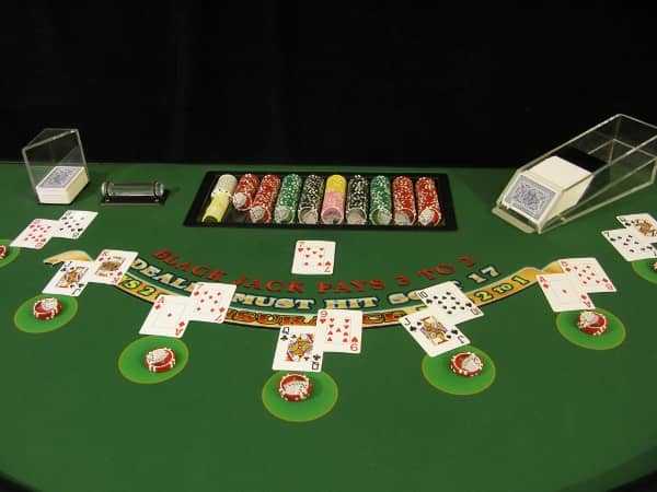 An overhead view of the entire blackjack table