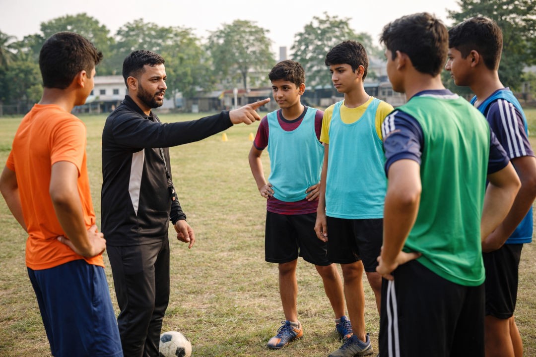 a coach is teaching kids how to play football