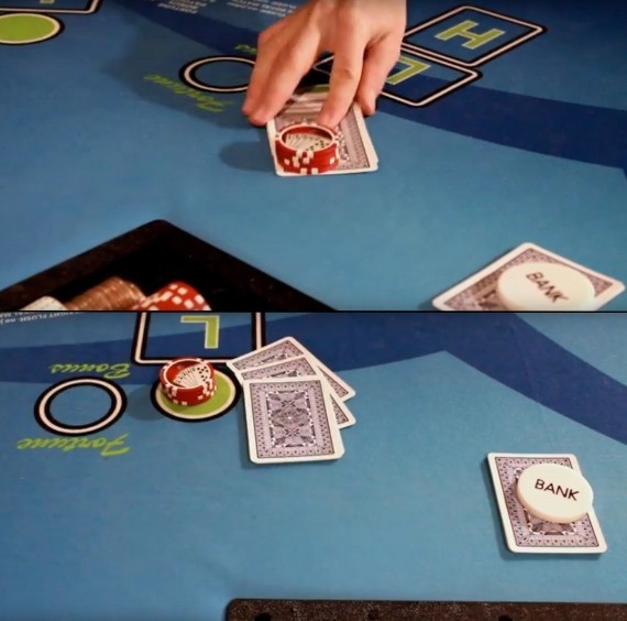 In the top picture - The Player folds their cards by sliding them under their bet -- In the bottom picture - The Player folds their cards by tossing them to the dealer In the top picture - The Player folds their cards by sliding them under their bet -- In the bottom picture - The Player folds their cards by tossing them to the dealer