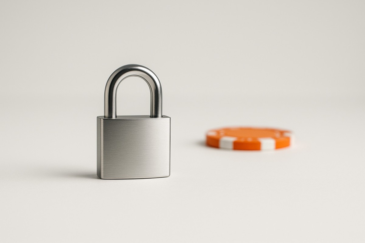 A white background with a lock and a casino chip