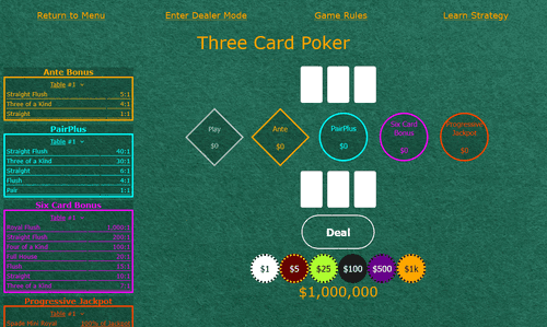 Free online practice for Three Card Poker